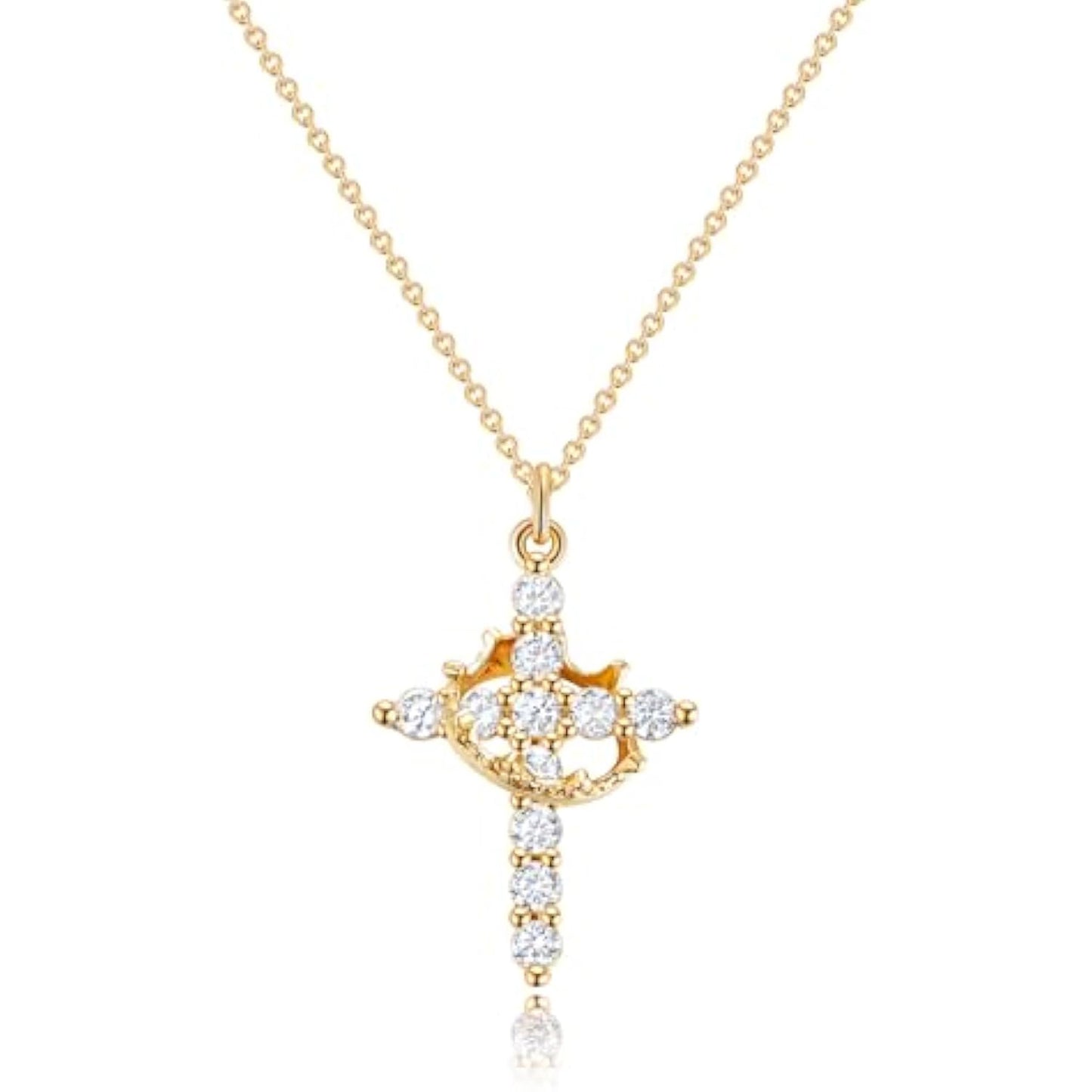 Crown Cross Necklace for Women Women's Gifts 14K Gold Plated Crown Cross Pendant Necklace Diamond Cross Necklaces Faith Cross Jewelry First Communion Gifts