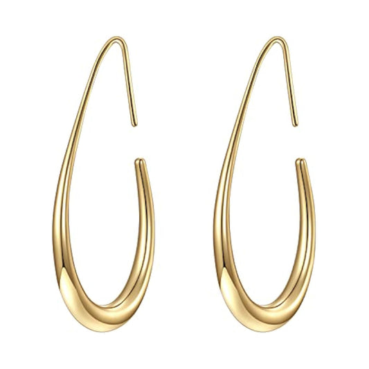 Lightweight Teardrop Hoop Earrings for Women - 14k Gold/White Gold Plated Large Oval Pull Through Hoop Earrings High Polished Statement Jewelry Gift for Women