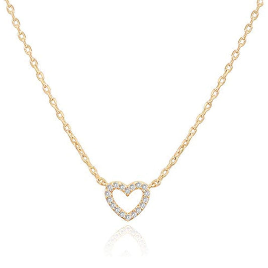 14K Gold Plated Cubic Zirconia Heart Necklace | Cute Dainty Love Pendant Necklaces for Women