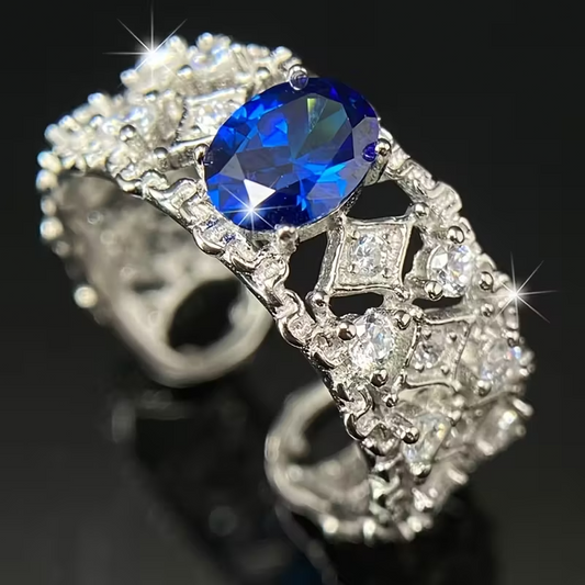 925 Sterling Silvery Shimmering Luxury 6*8mm Deep Blue Ring