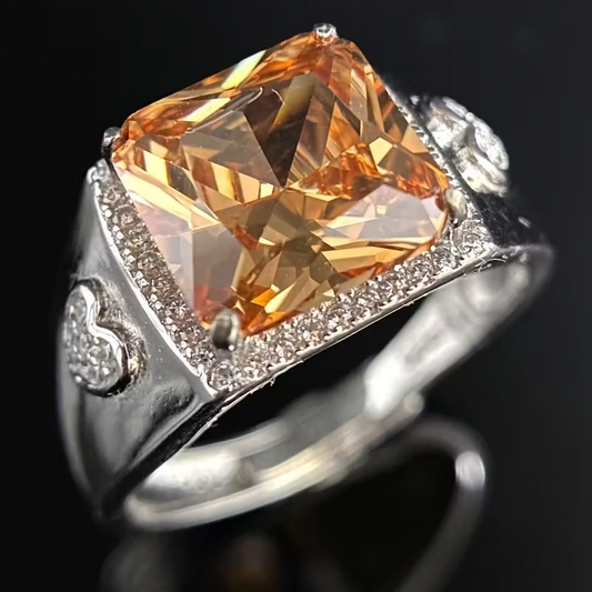 1pc of sparkling 6g S925 sterling Silvery champagne-colored synthetic square Synthetic Zirconia Men's ring