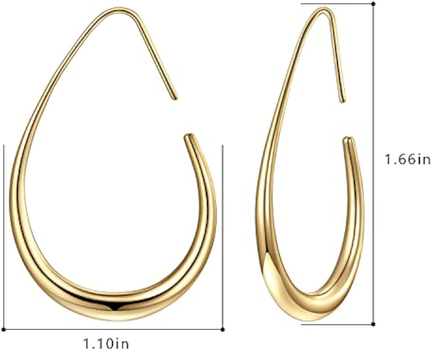 Lightweight Teardrop Hoop Earrings for Women - 14k Gold/White Gold Plated Large Oval Pull Through Hoop Earrings High Polished Statement Jewelry Gift for Women