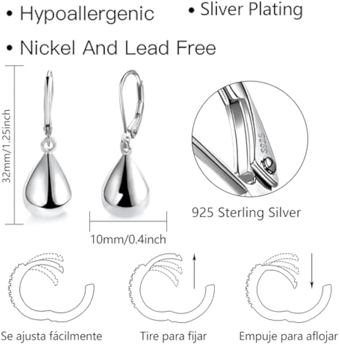 925 Sterling Silver Teardrop Leverback Earrings for Women Girls Waterdrop Tear Drop Dangle Earrings Jewelry Hypoallergenic Silver Teardrop Leverback Dangle Earring for Women